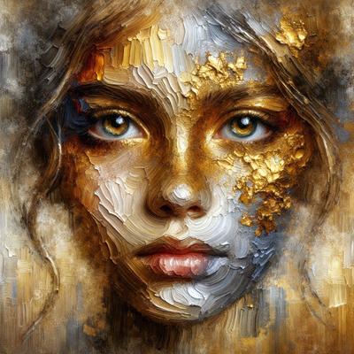 The primary subject of the image is a woman's face, which is the main focus of the painting. The setting is a painting, and the visual style is a portrait. The colors and mood of the painting are warm and inviting, with gold and yellow tones that create a sense of elegance and sophistication.